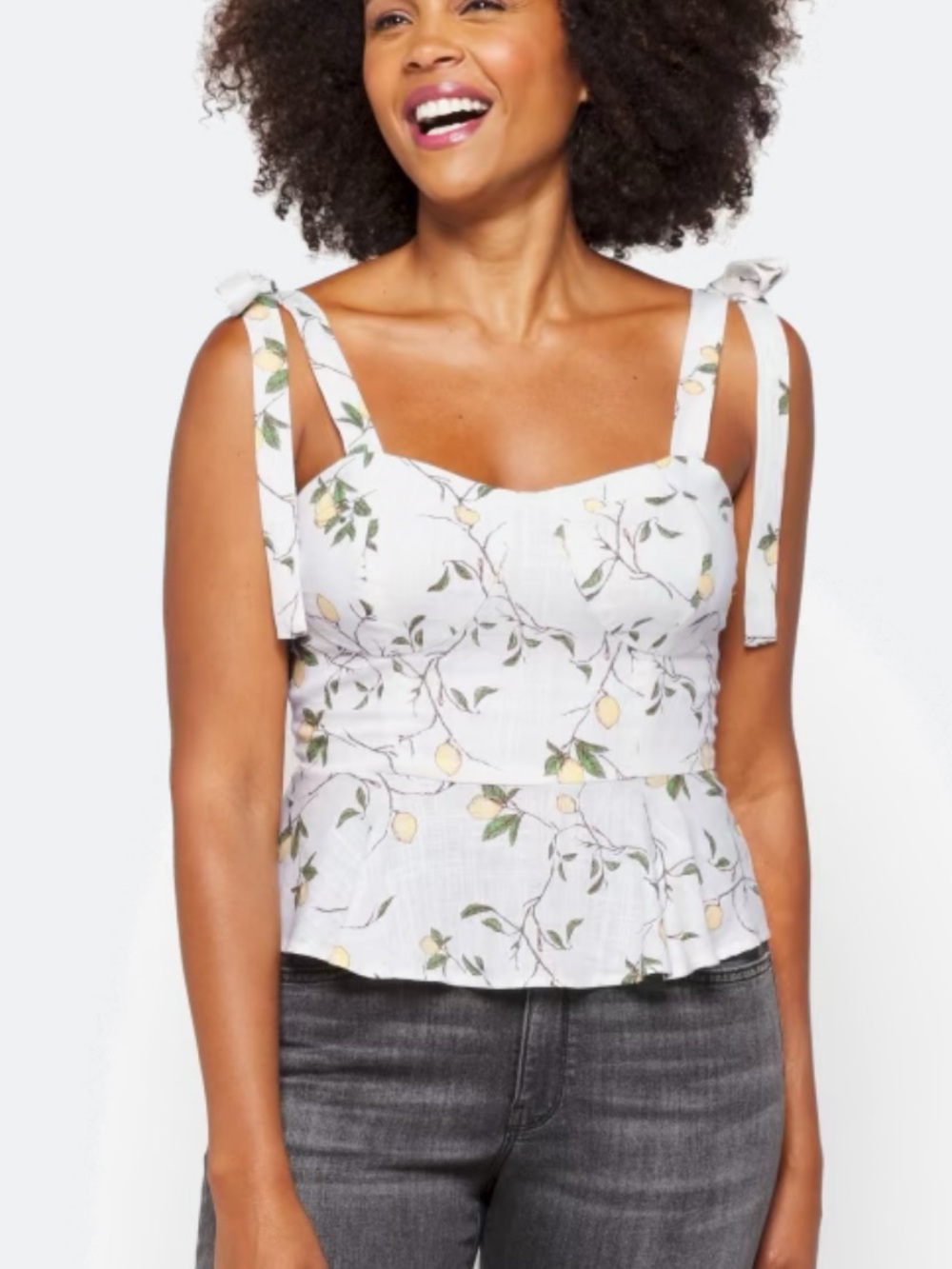 White Lemon-Print Tie-Strap Peplum